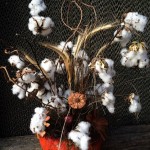Cotton bolls in arranged with pods and stems, in a pumpkin...
