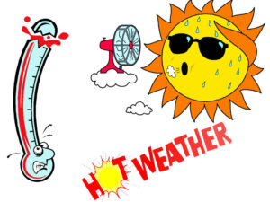 Hot temperature gauge with sweating cartoon sun.